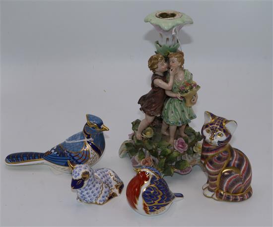 5 Royal Crown Derby animals & a figural candlestick